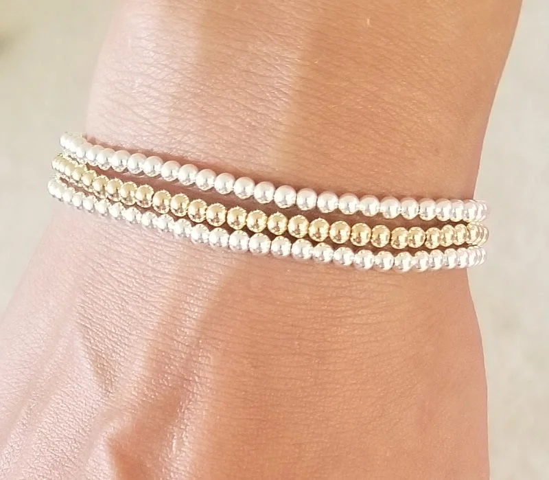 Ladies Hexagon Bracelets -Beaded Balls Bracelet - 3mm balls (choice of sterling silver or 14K gold-fill)