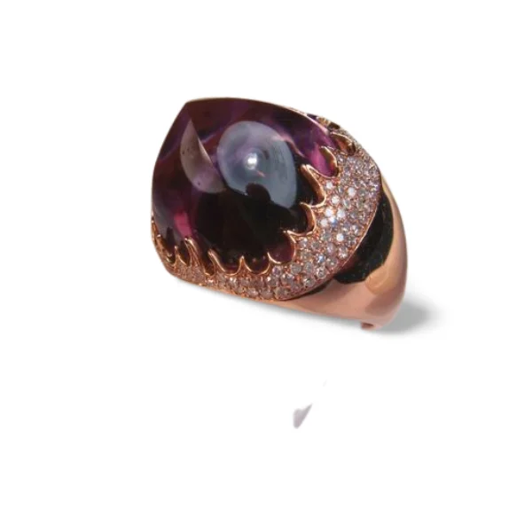 Club Symbol Rings -Gorgeous 14K Pink Rose Gold Huge Cabochon Amethyst Diamond Designer Ring Band