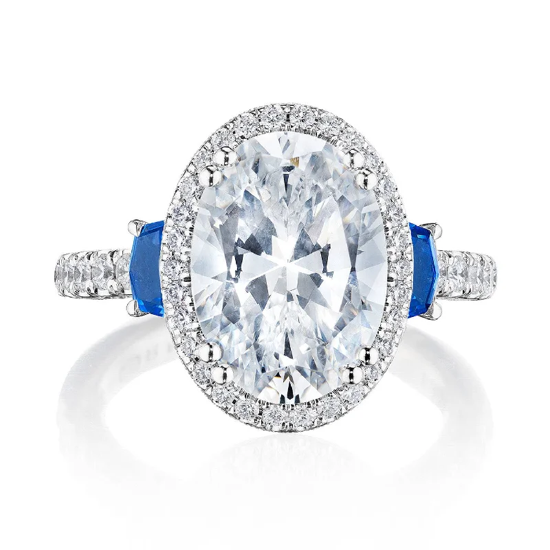 Glass Engagement Rings -Dantela | Oval 3-Stone Engagement Ring with Blue Sapphire 269322OV125X9BS