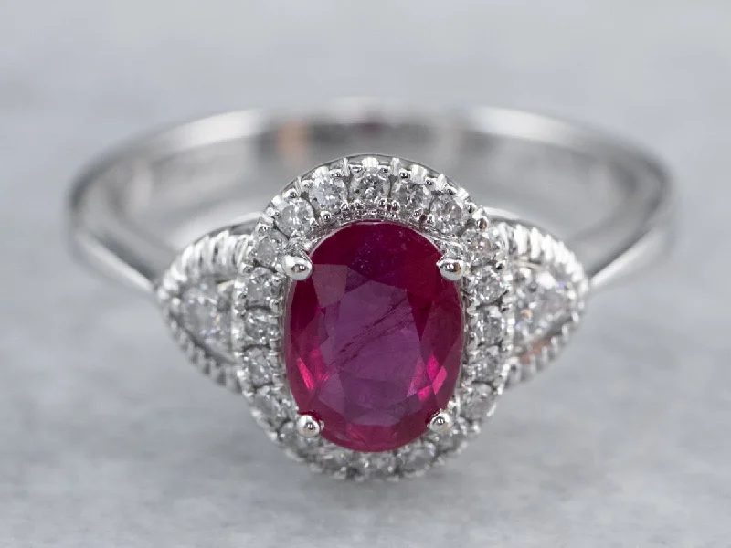 Tribal Engagement Rings -Modern Ruby Diamond White Gold Halo Engagement Ring