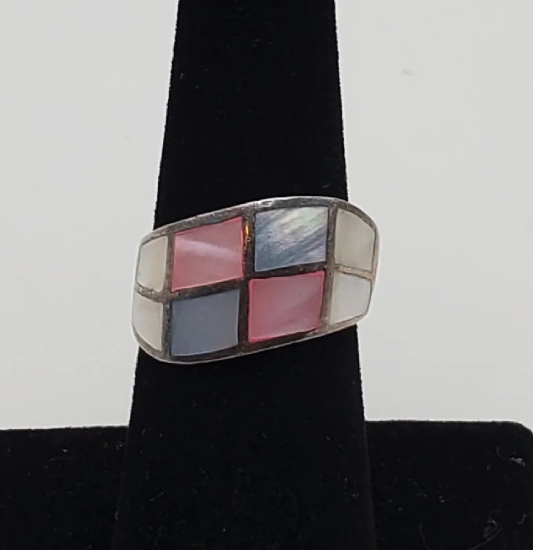 Hexagon Gem Rings -Multicolor Mother-of-pearl Sterling Silver Inlaid Ring - Size 6.5