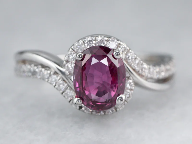 Fairy Engagement Rings -Modern Ruby Diamond Halo White Gold Engagement Ring