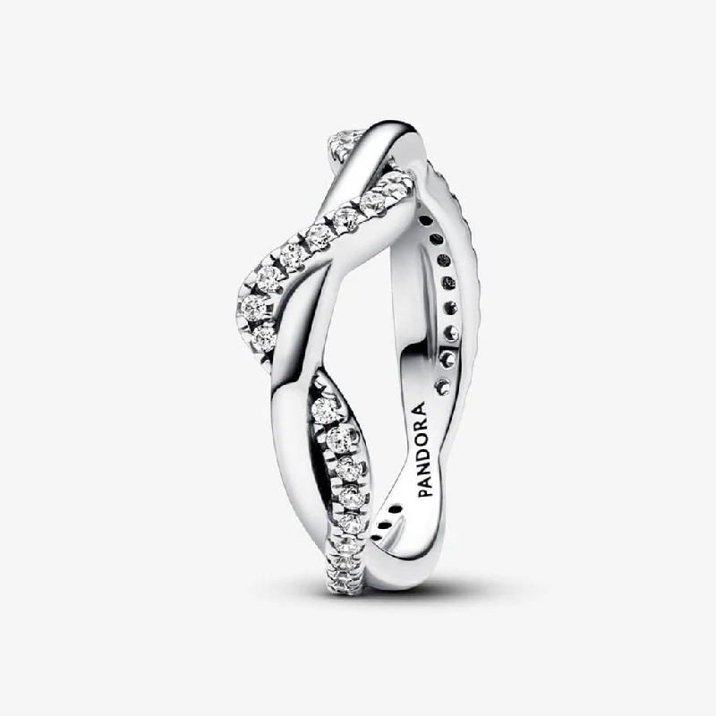 Satin Finish Rings -PANDORA : Sparkling Intertwined Wave Ring - Sterling Silver