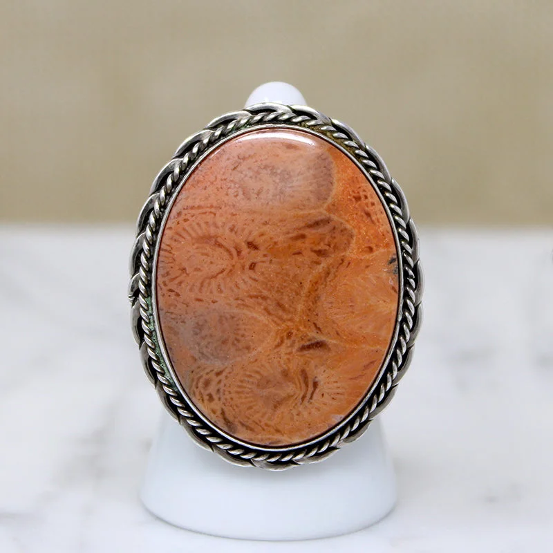 Horoscope Stone Rings -Petrified Coral in Glorious Sterling Silver Statement Ring