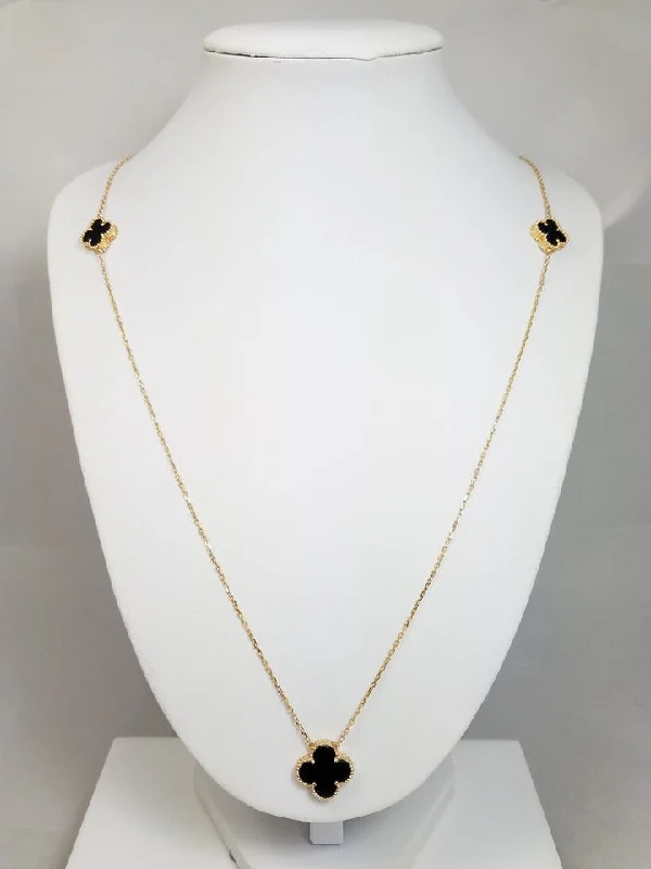 Ladies Necklaces Pocket Friendly-Statement-Making 31.5" Solid 18k Yellow Gold Natural Onyx Clover Necklace