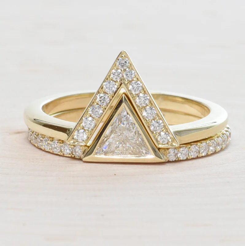 Gothic Engagement Rings -14K Yellow Gold Triangle Engagement Ring Set