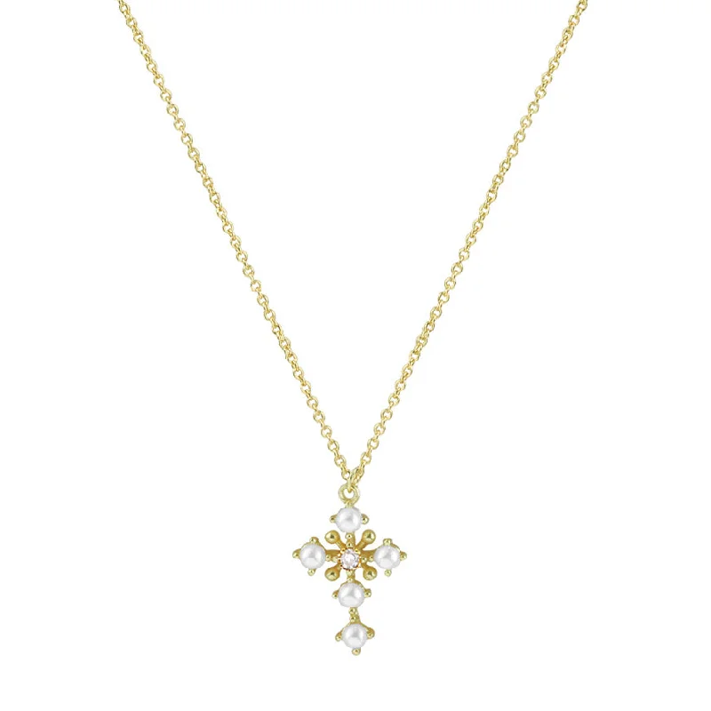 Ladies Necklaces Retro Vibes-THE PEARL STONE CROSS NECKLACE