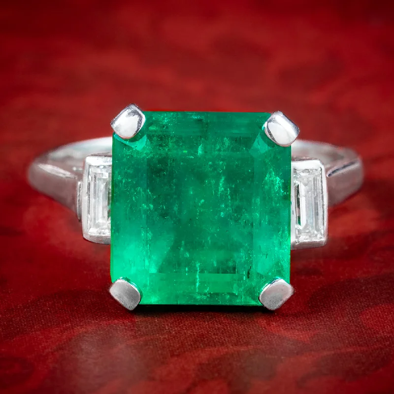 High Shine Rings -Art Deco Emerald Diamond Trilogy Ring 7.24ct Colombian Emerald With Cert