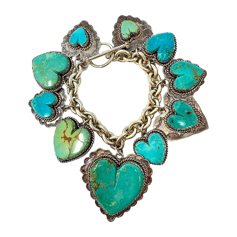 Ladies Ethnic Bracelets -Joan Slifka Sterling Silver Navajo Heart Charm with Turquoise Bracelet