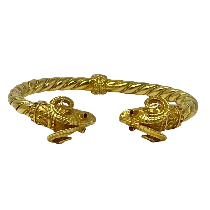 Ladies Minimal Bracelets -18K Gold Ramus Head Hinged Cuff Bracelet with Ruby Eyes