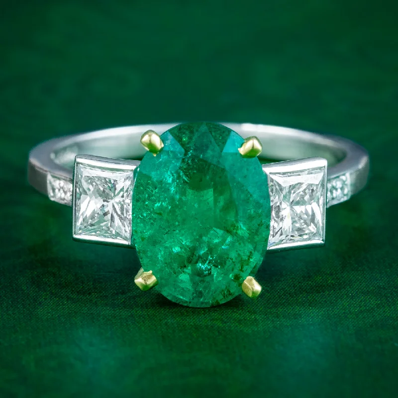 Tropical Leaf Rings -Art Deco Style Emerald Diamond Trilogy Ring 2.51ct Emerald With Cert