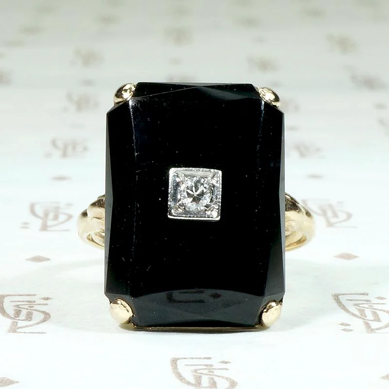 Rough Edge Rings -Beveled Black Onyx Ring with Diamond Accent