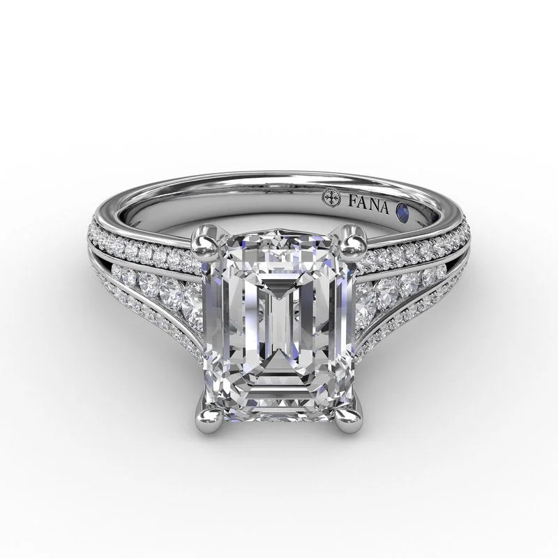 Moon Engagement Rings -Contemporary Emerald Cut Diamond Solitaire Engagement Ring With Triple-Row Diamond Band S3272