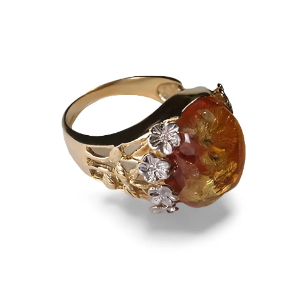 Vibrant Color Rings -Gorgeous Estate 14K Two-Tone 2-Tone Gold Cabochon Amber Diamond Floral Ring Band