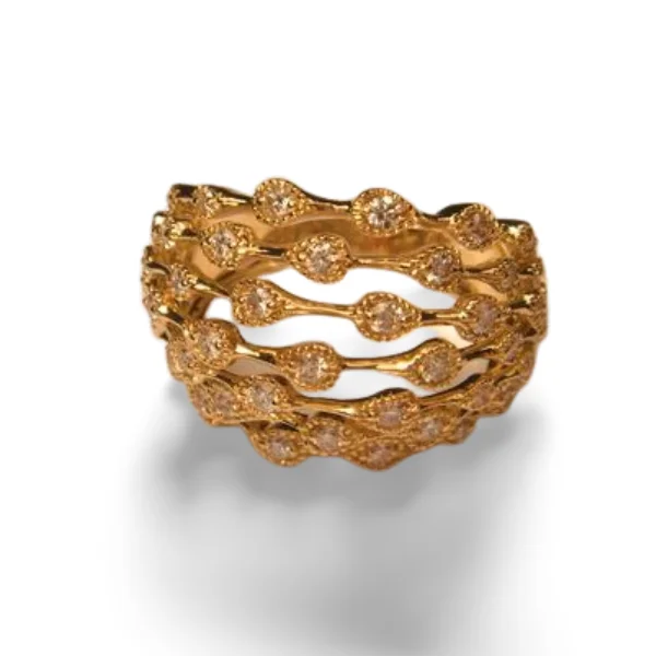 Courage Design Rings -Beautiful 14K Yellow Gold Diamond Filigree Cocktail Dome Band Ring