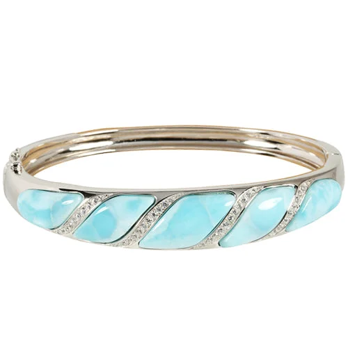 Ladies Rhinestone Bracelets -Sterling Silver Wave Larimar w/CZ Bracelet