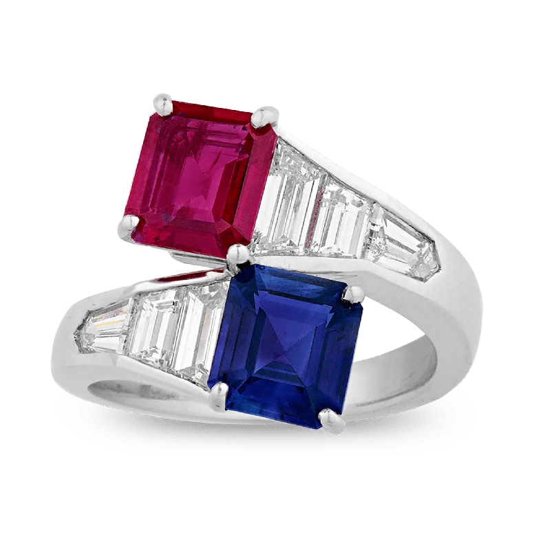 Timeless Classic Rings -Ceylon Sapphire and Ruby Bypass Ring