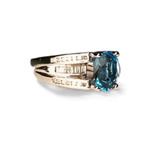 Polished Gem Rings -Beautiful Estate 14K White Gold Blue Topaz Baugette Diamond Ring Band