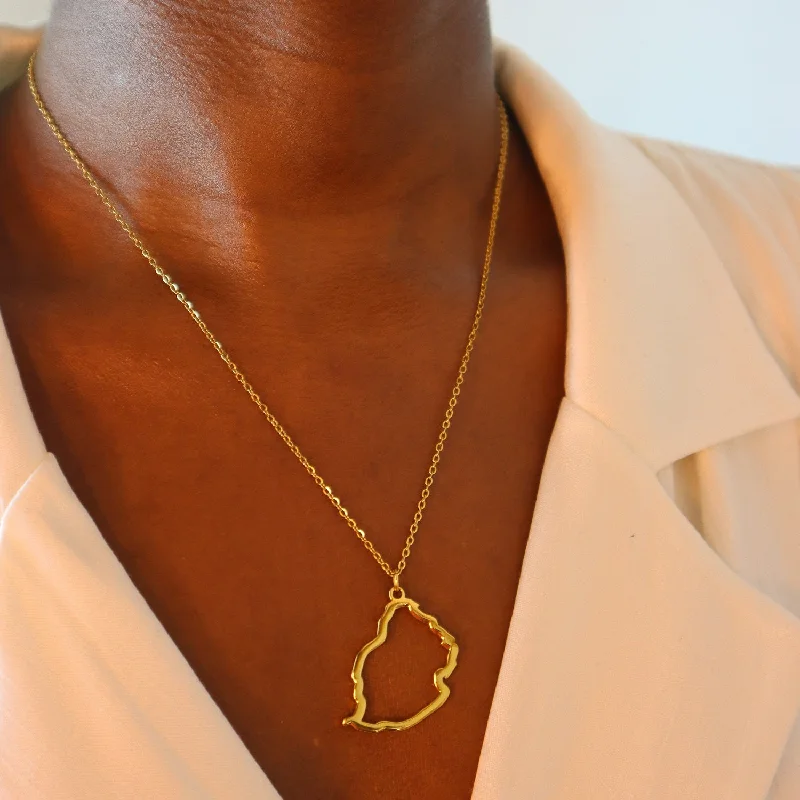 Ladies Necklaces with Etched Details-Mauritius Outline 18ct gold plated on stainless steel Necklace