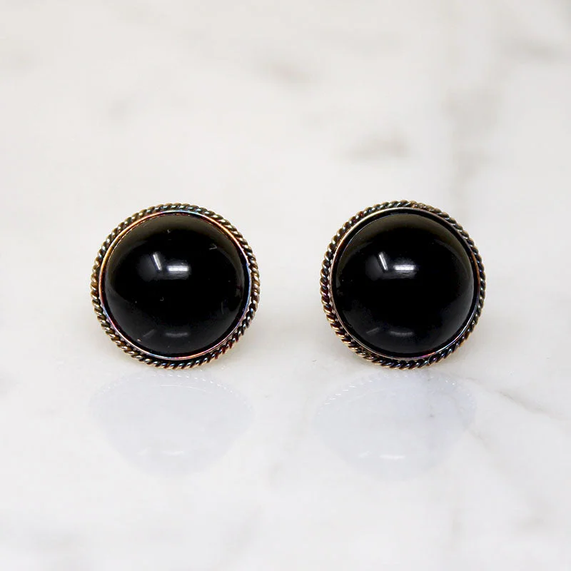 Yellow Gold Statement Rings -Black Onyx in Bloomed Gold Stud Earrrings