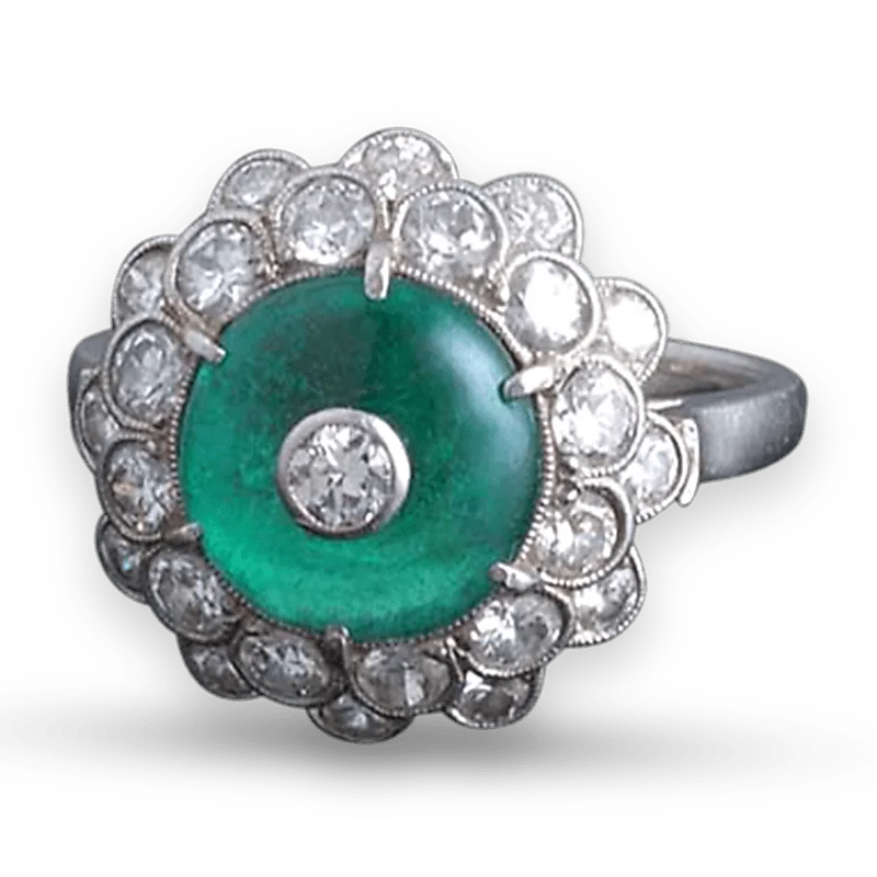 Red Accent Rings -Art Deco Cabochon Emerald Ring, 3.00 Carats