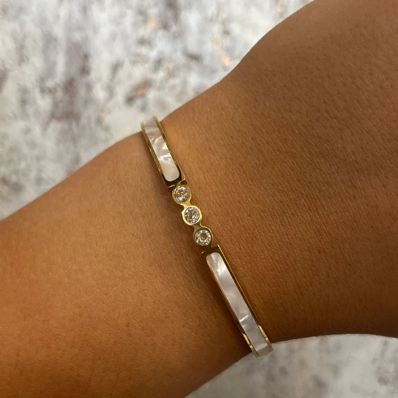 Ladies Dainty Bracelets -Lucky Life Rhinestone Detail White & Gold Cuff Bracelet