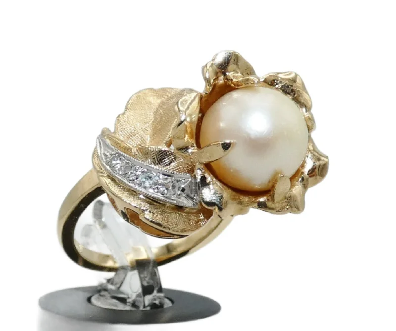 Hammered Band Rings -14K Gold Pearl & Diamond Ring