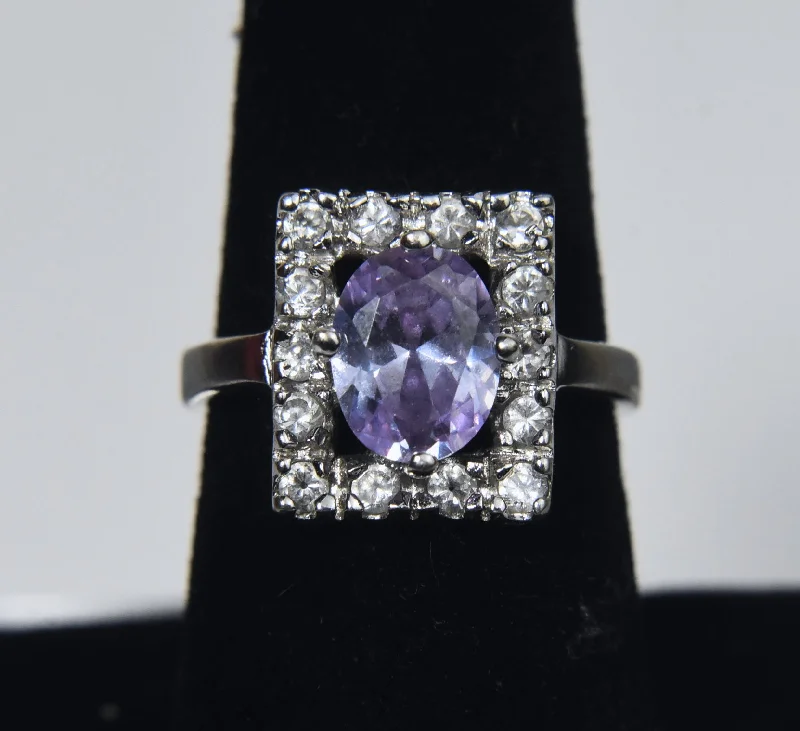 Diamond Accent Rings -Sterling Silver Rectangle Halo Amethyst Ring - Size 7