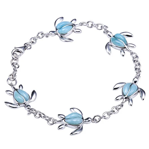 Ladies Matte Bracelets -Sterling Silver Larimar Inlay Honu(Turtle) with Link Chain Bracelet