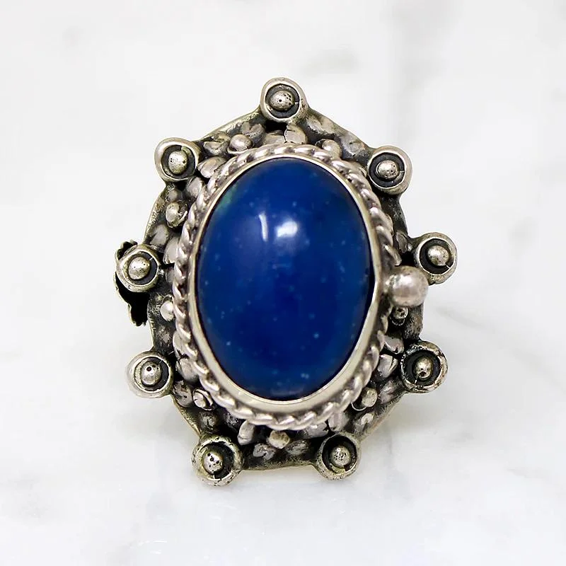 Special Event Rings -Silver Flower & Lapis Statement Ring with Hidden Compartment