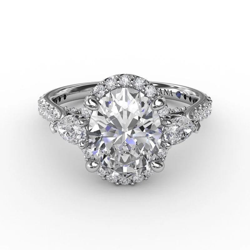 Leaf Engagement Rings -Oval Diamond Halo Engagement Ring With Pear-Shape Diamond Side Stones S3280