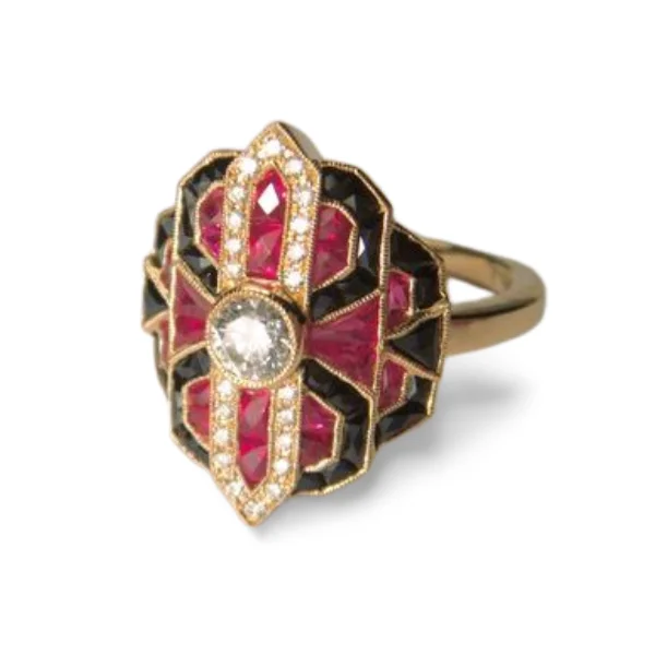 Dog Inspired Rings -Exquisite Art Deco 18K Yellow Gold Diamond Hand Cut Ruby Onyx Ring Band