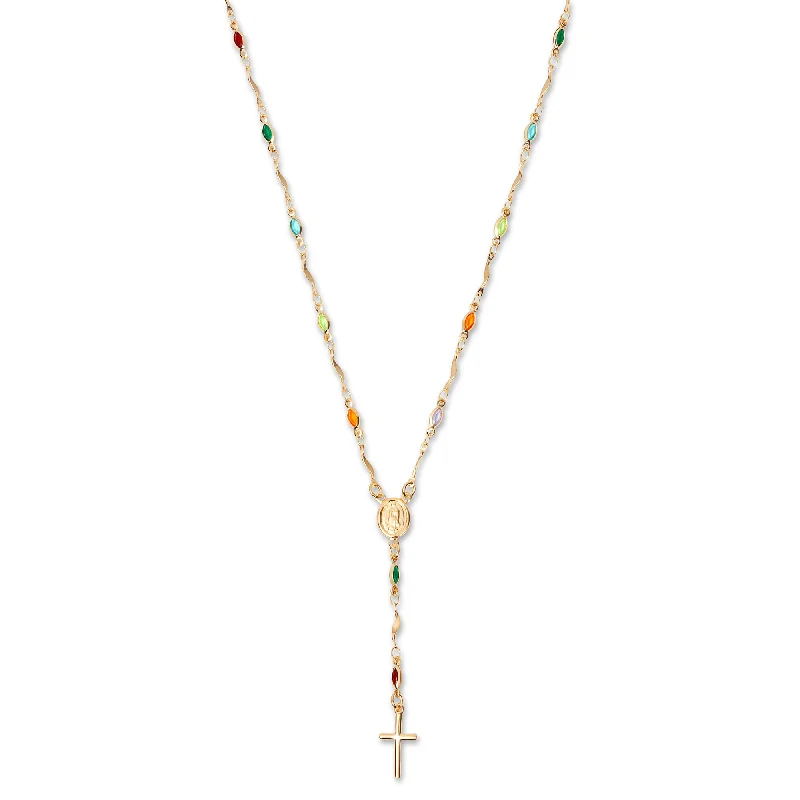 Ladies Necklaces with Clear Zircon-THE COLORED STONE ROSARY CROSS NECKLACE