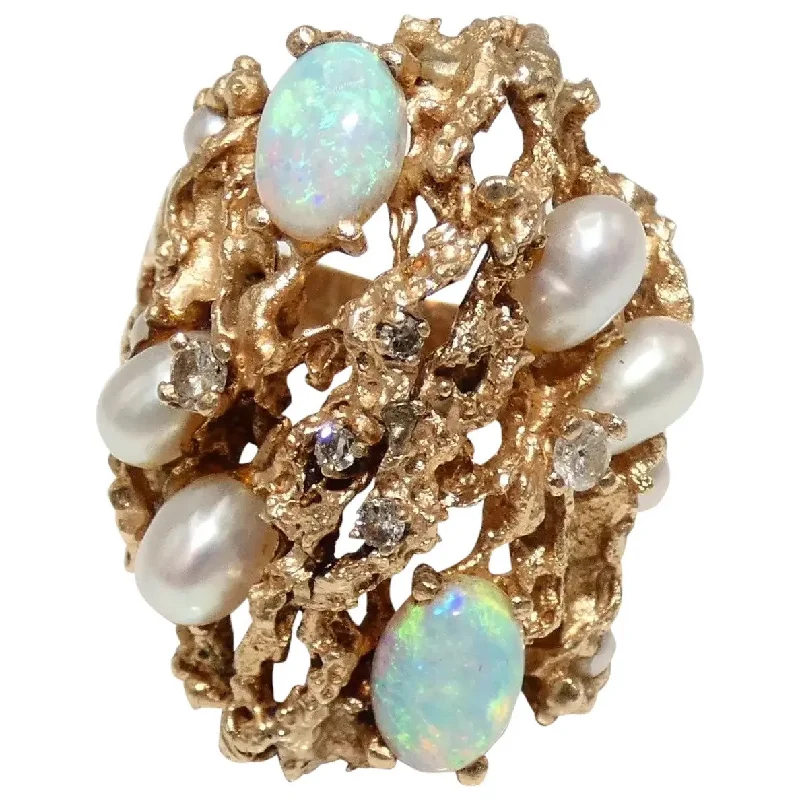 Desert Tone Rings -14K Gold Cultured Pearls, Diamonds & Opals Custom Ring