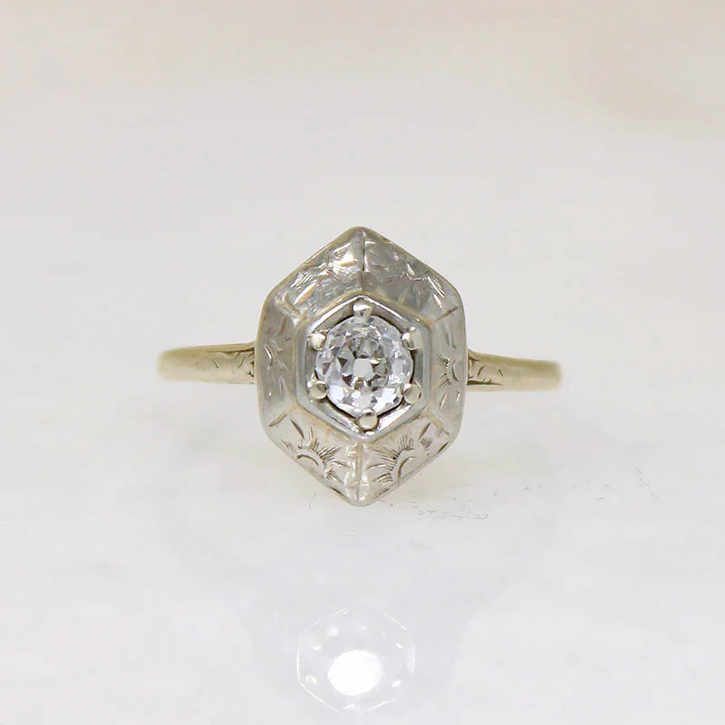 Sentimental Gem Rings -Decorative Old Mine Cut Diamond in White & Green Gold Ring