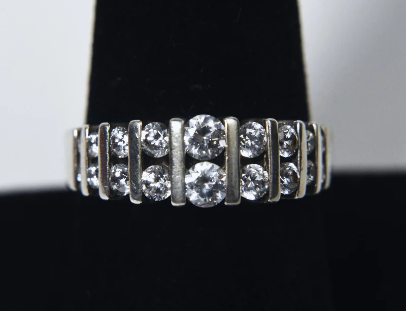 Straight Edge Rings -Double Graduated Diamonique Cubic Zirconia Sterling Silver Ring - Size 8.75