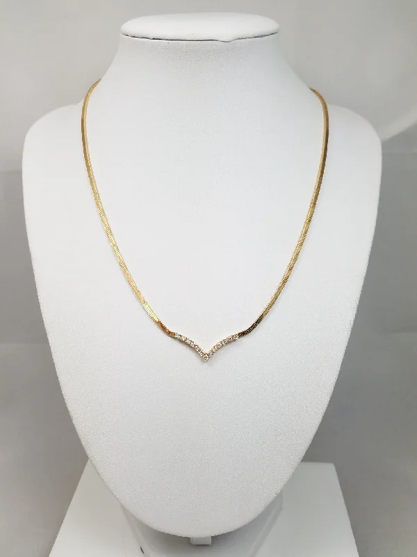 Ladies Necklaces with Grey Lawsonite-14k Yellow Gold Natural Diamond V Necklace