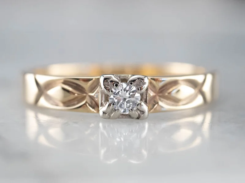 High-Profile Engagement Rings -Two Tone Gold Vintage Diamond Solitaire Engagement Ring