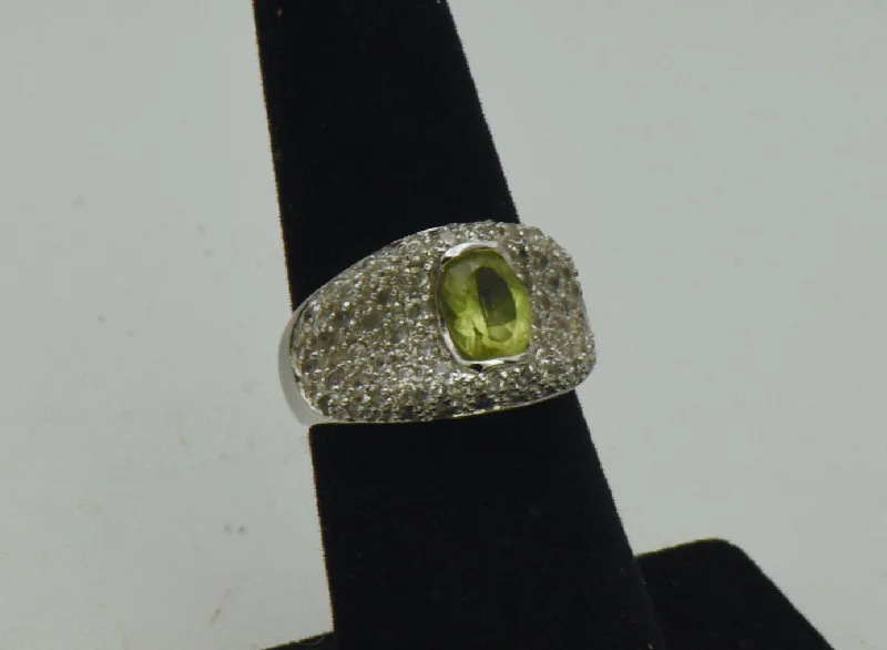 Brushed Metal Rings -Vintage Sterling Silver Peridot and Rhinestones Saddle Ring - Size 6