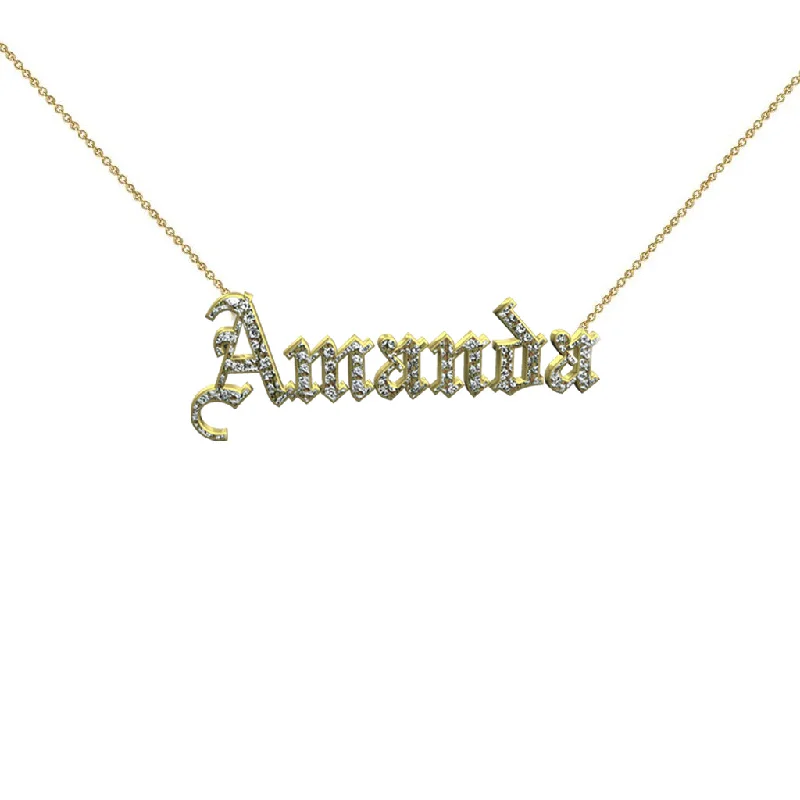 Ladies Necklaces with Cream Howlite-THE GOTHIC NAMEPLATE NECKLACE (GOLD/DIAMONDS)