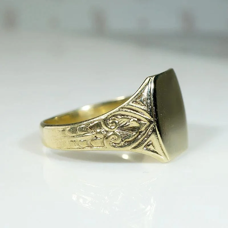 Straight Edge Rings -Elaborate Foliate Engraved Gold Signet Ring