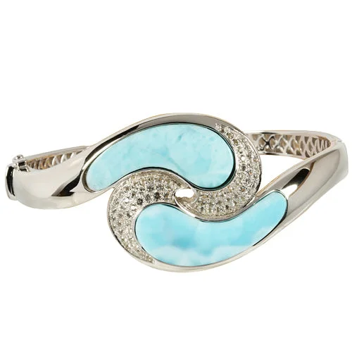 Ladies Brushed Bracelets -Sterling Silver Larimar Wave with CZ Bangle Bracelet