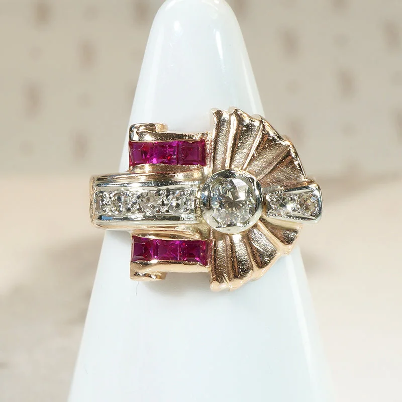 Family Crest Rings -Dramatic Diamond & Ruby Retro Ring in Gold & Platinum