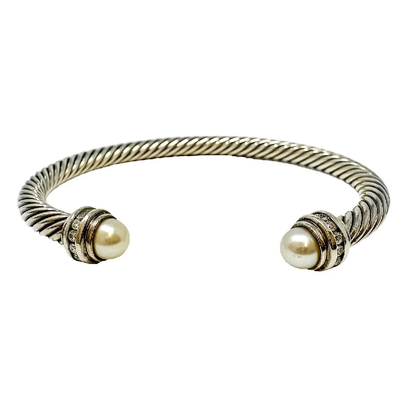 Ladies Subtle Bracelets -David Yurman Cable Cuff Bracelet with Pearl Caps and Diamonds