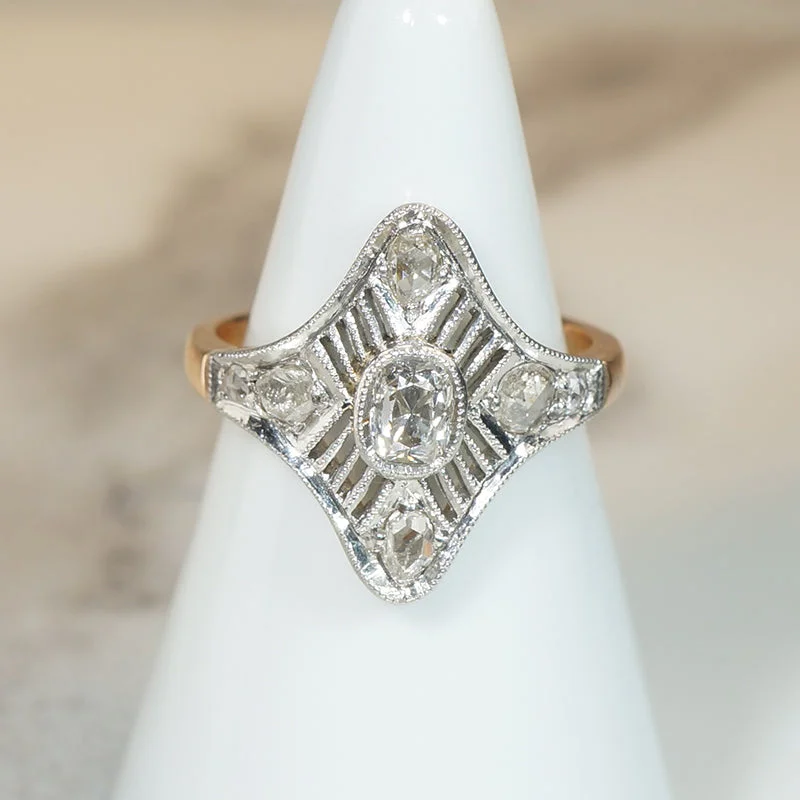 Shiny Polished Rings -Diamond Spangled Antique Navette Ring