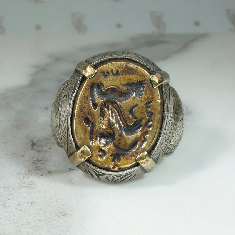 Playful Style Rings -Chunky Engraved Silver Ring with Engraved Brass Sphinx