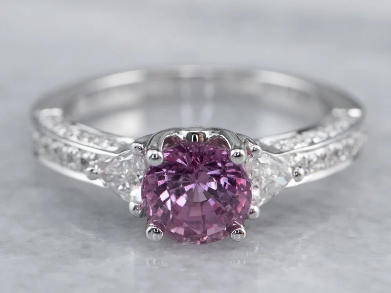 Romantic Engagement Rings -Modern Pink Sapphire Diamond White Gold Engagement Ring