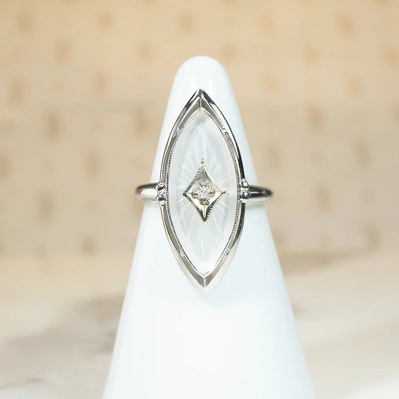 Strength Symbol Rings -Vintage Camphor Glass Marquis White Gold Ring