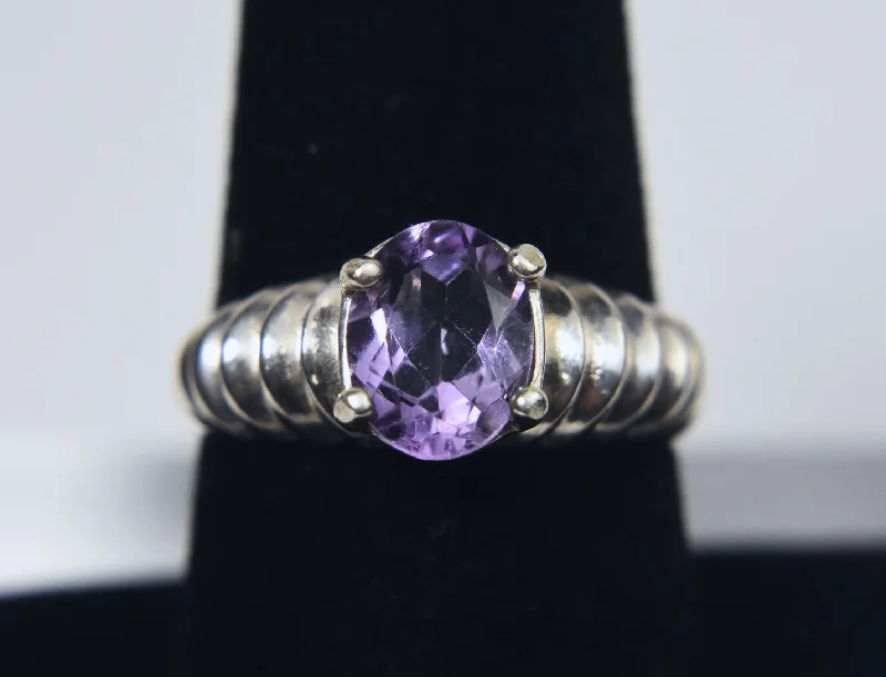 Opal Stone Rings -Sterling Silver Ribbed Shank Purple Stone Ring - Size 8