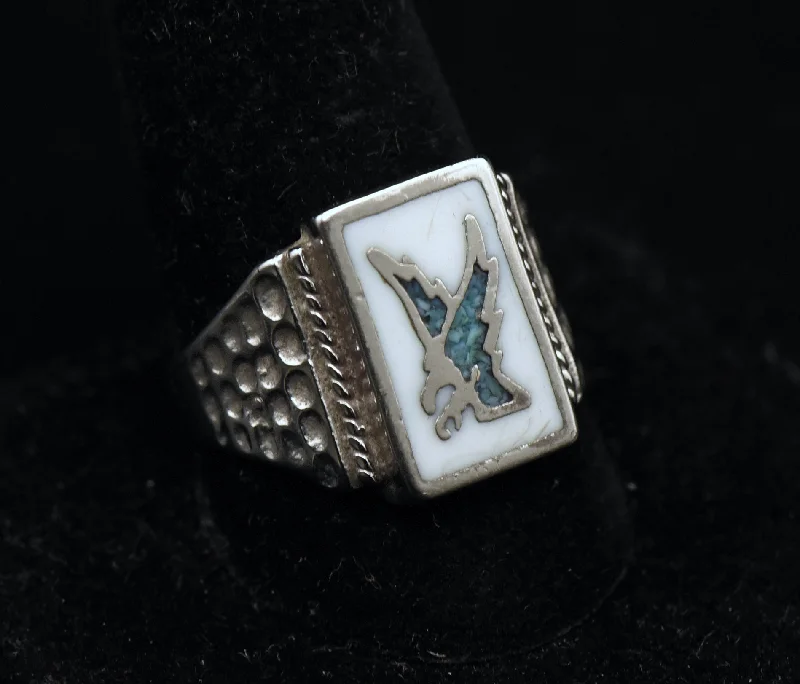 Farmhouse Style Rings -Vintage Eagle Stone and Enamel Silver Plated Ring - Size 11.25